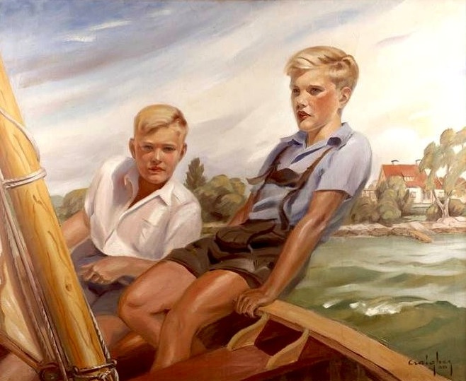 Craigher - summer scene with two boys in the sail boat off coast landscape